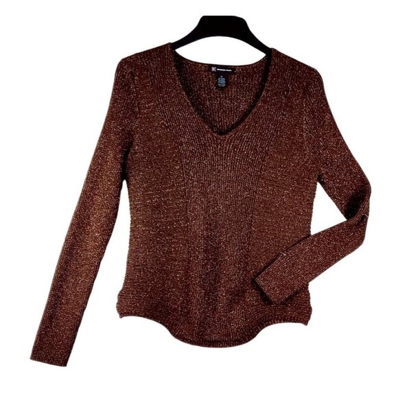 Sweater Top Pullover Knit Brown Metallic Gold Thread Glitter Cocktail Sparkle - Picture 1 of 10